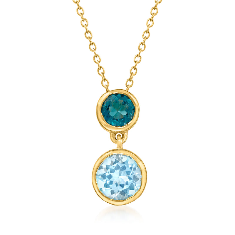 Gold-tone double drop pendant necklace with two round blue topaz gemstones