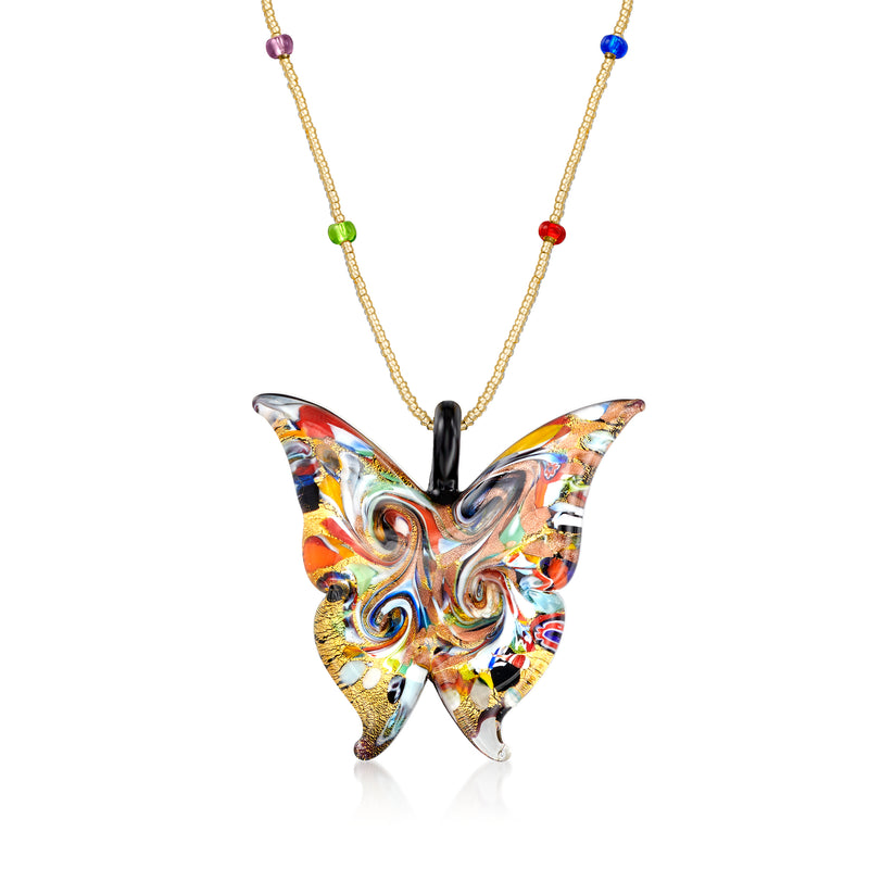 Multicolored Murano glass butterfly pendant necklace with gold-tone chain and multicolor beads