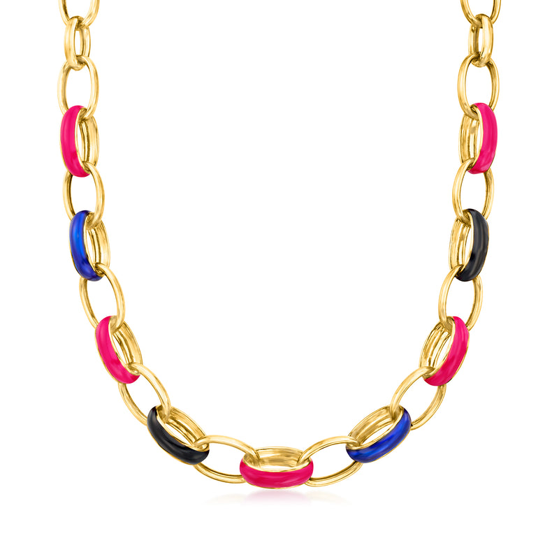 18kt gold over sterling cable-link necklace with red, blue, black enamel oval links