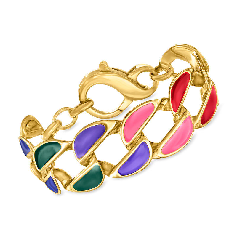 Gold-tone enamel curb-link bracelet with multicolor teardrop accents and hinged clasp