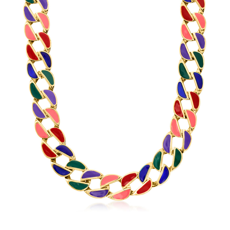 Gold curb-link necklace with multicolor enamel oval links