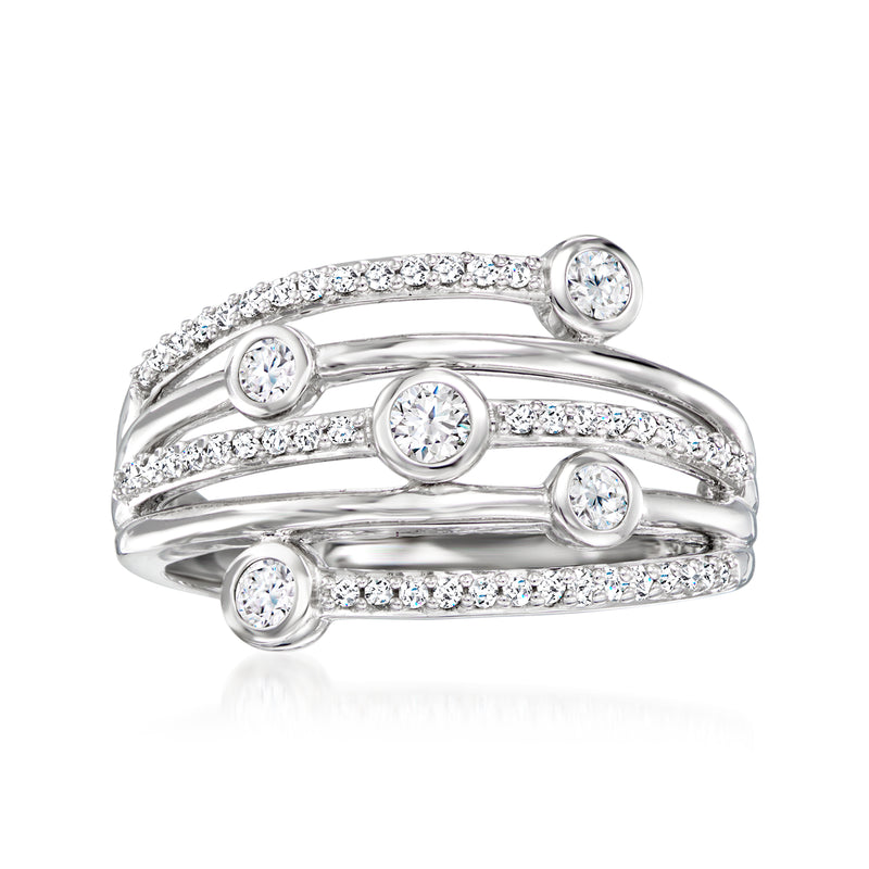 Sterling silver diamond highway ring with bezel-set round stones, three curved rows