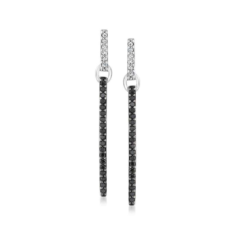 Sterling silver linear drop earrings with black and white diamond rows, hinged hooks