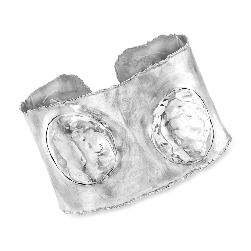 Sterling silver dot cuff bracelet with textured polished oval segments, wide hinged cuff