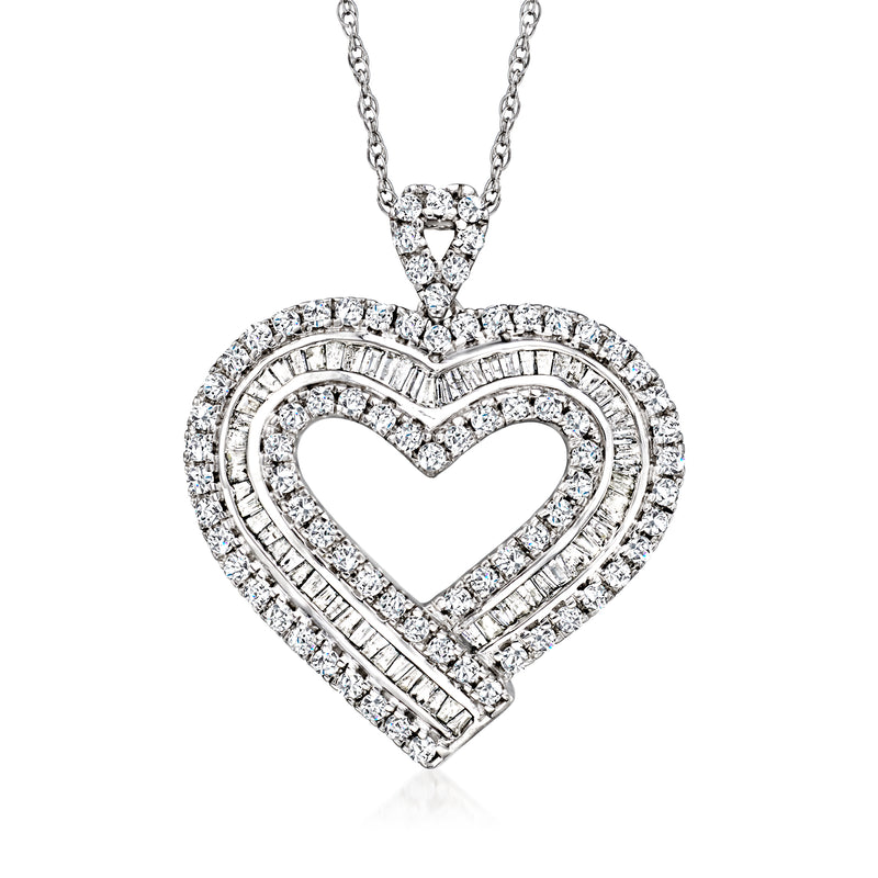 Diamond heart pendant necklace in sterling silver with baguette and round stones