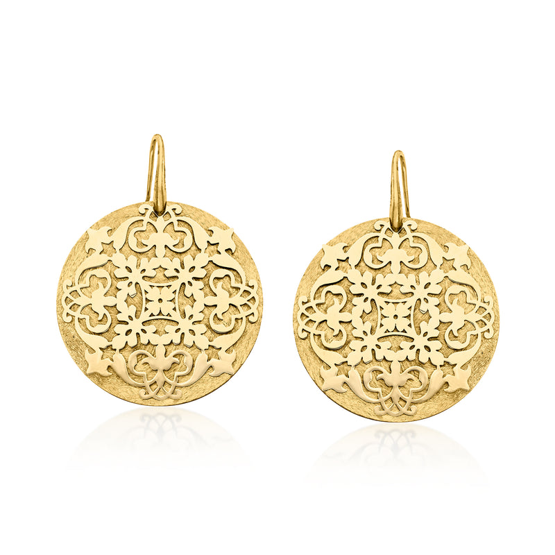 18kt gold over sterling ornate round drop earrings with decorative filigree and hook earwire