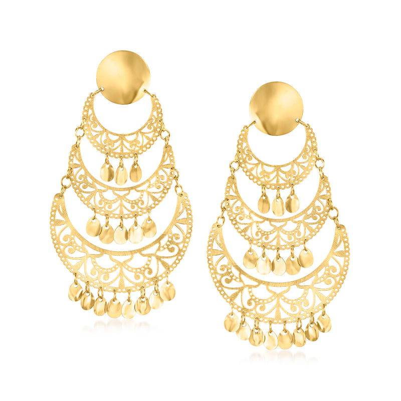 Gold over sterling chandelier drop earrings with scalloped tiers and coin dangle fringe