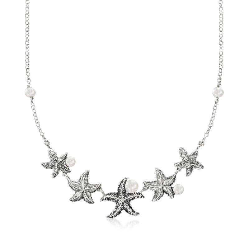 Sterling silver starfish and cultured pearl necklace with dangling star charms