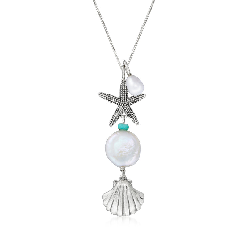 Sterling silver Y-necklace with coin pearl, starfish and shell pendant, turquoise bead