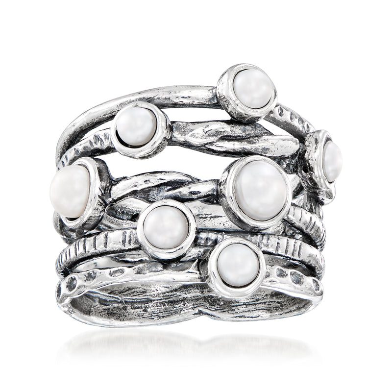 Sterling silver textured highway ring with multiple white cultured pearls.