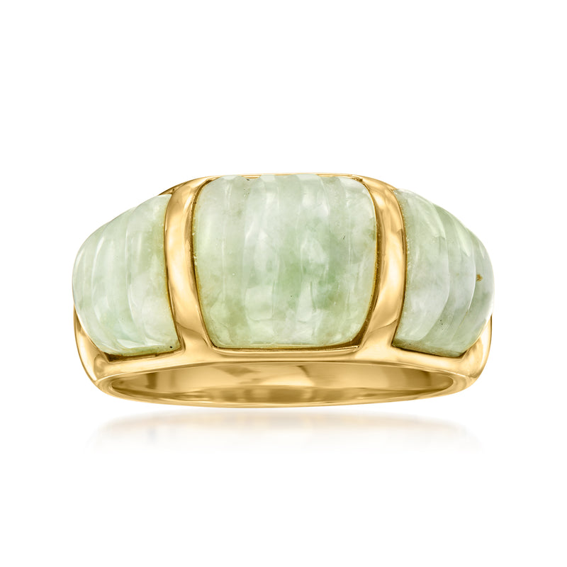 Gold over sterling ring with carved light green jade oval centerpiece and side panels