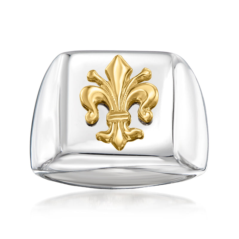 Two-tone sterling silver signet ring with gold-tone Florentine fleur-de-lis crest