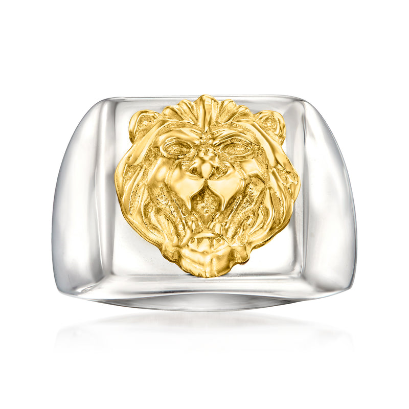 Two-tone sterling silver lion ring with raised gold lion head detail