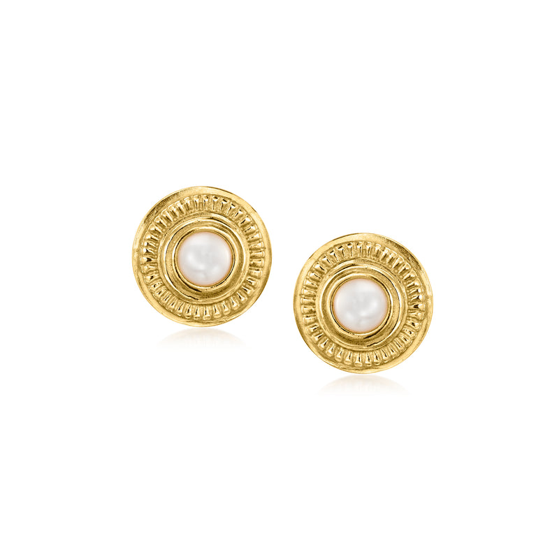 Gold-tone circle stud earrings with white cultured pearl center