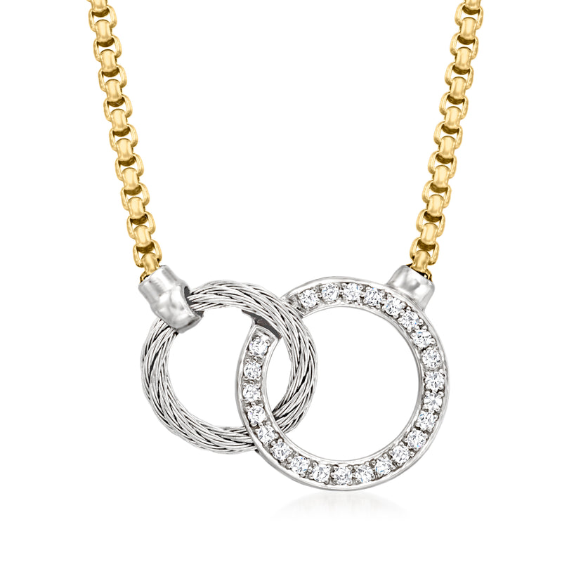 Interlocking circle diamond necklace with yellow chain and white gold pave rings