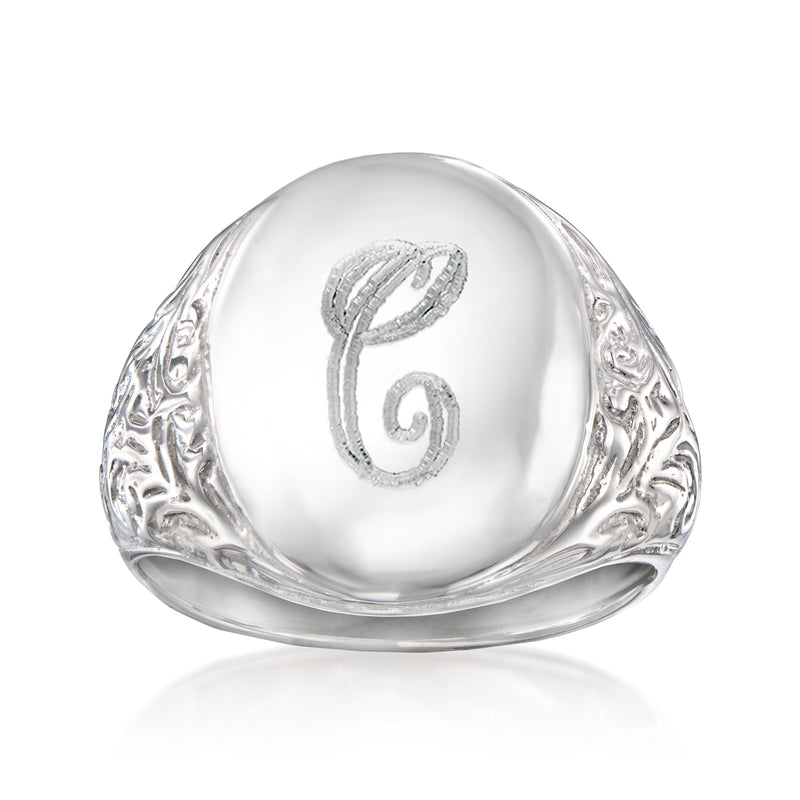 Sterling silver signet ring with polished dome and engraved scroll monogram G
