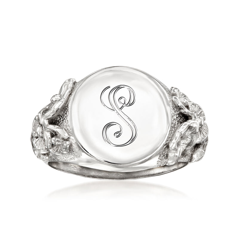 Sterling silver floral signet ring with engraved monogram on oval face