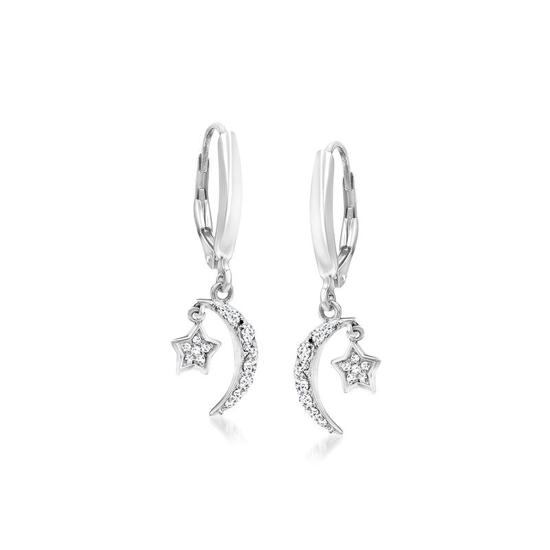 Sterling silver moon and star drop earrings with leverback clasps, diamond accents