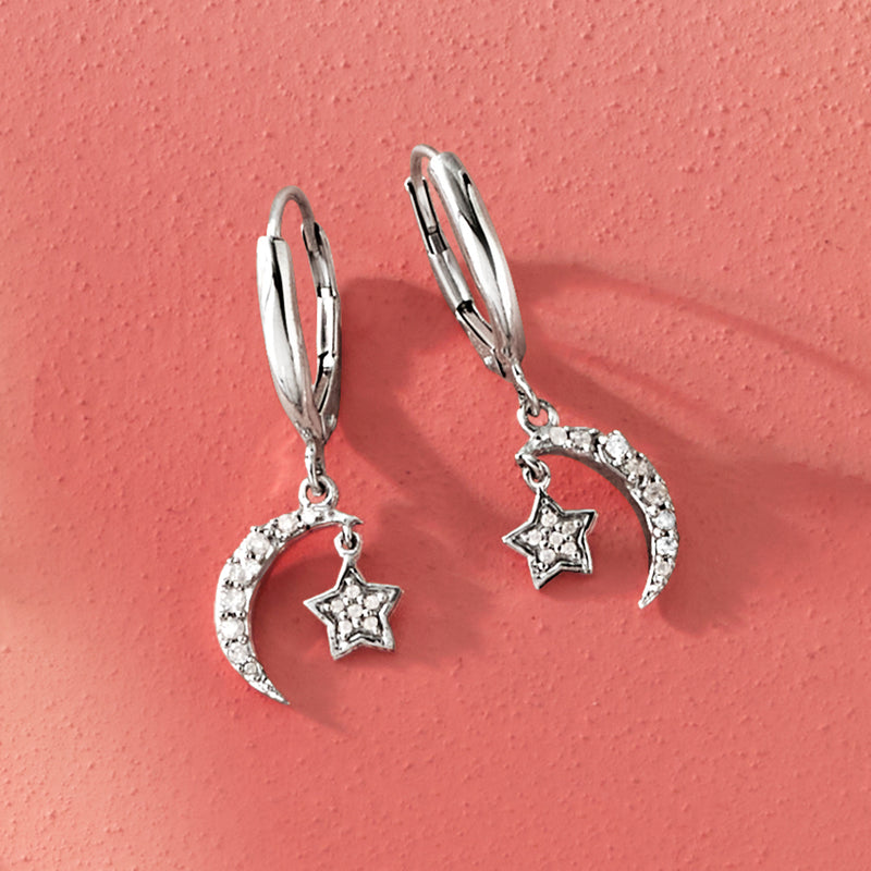 Sterling silver crescent moon and star drop earrings, leverback, diamond-like sparkle