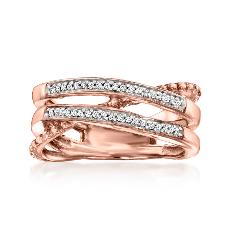 Rose gold diamond beaded highway ring with three sparkling pave rows
