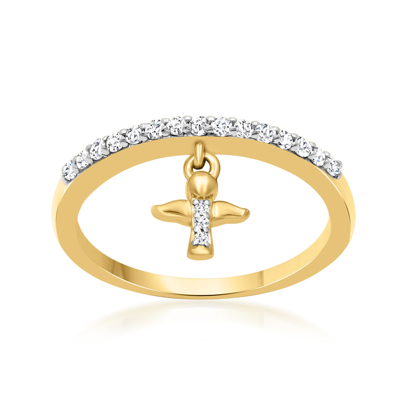 Diamond angel charm ring in gold over sterling with pavé band