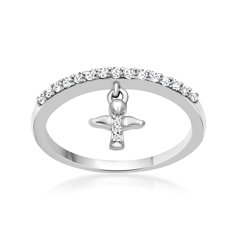 Sterling silver diamond angel charm ring with round stones on band and angel pendant