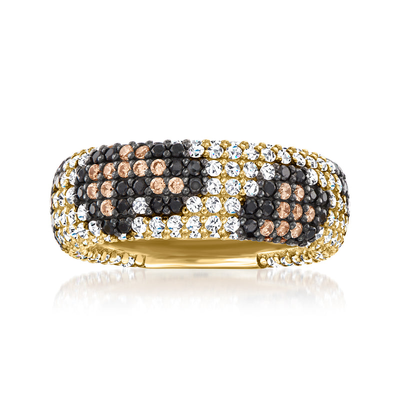 Multicolored leopard-print CZ ring, gold over sterling, black/white/tan oval band