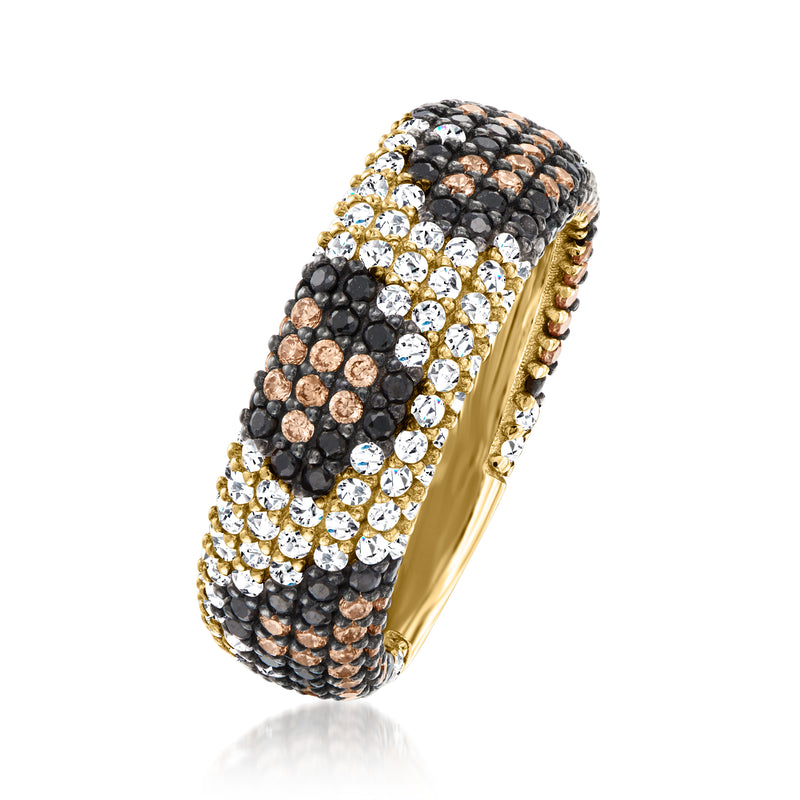 Multicolored leopard-print CZ ring, gold-toned band with clustered stones, side view