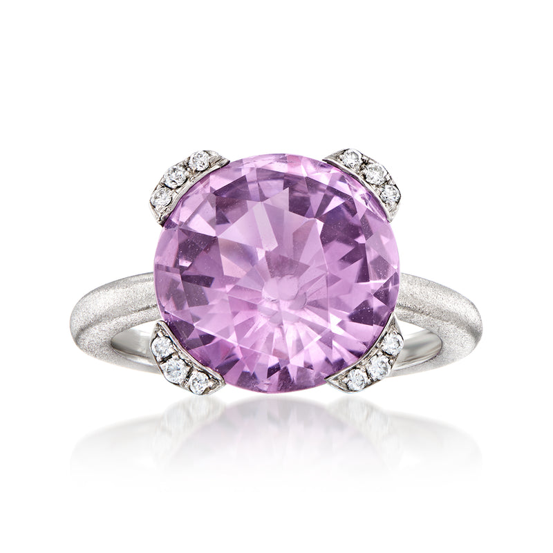 Vintage-inspired amethyst and diamond ring in 14k white gold, oval amethyst center