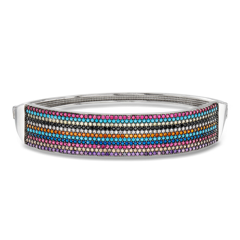 Sterling silver bangle bracelet with multicolored simulated gemstone CZ rows