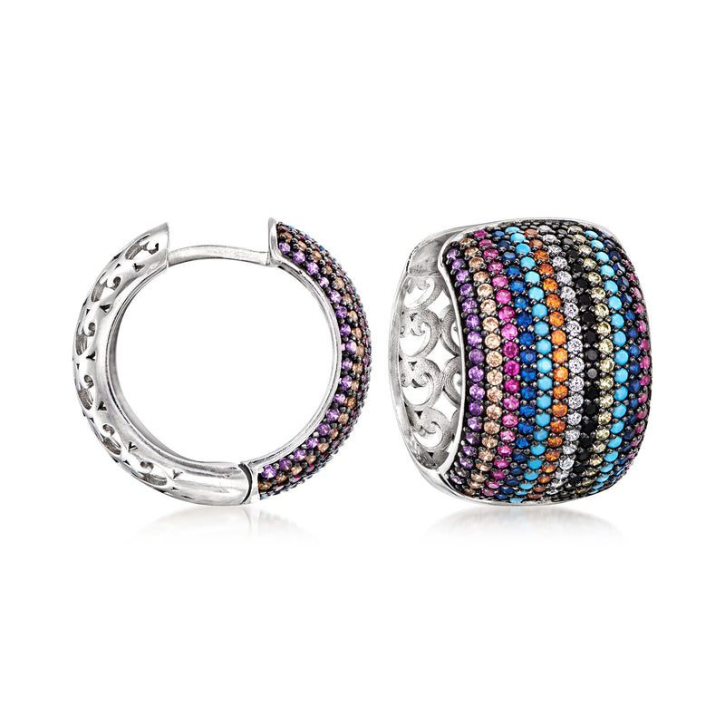 Sterling silver hoop earrings with multicolored pavé CZ and gemstone accents