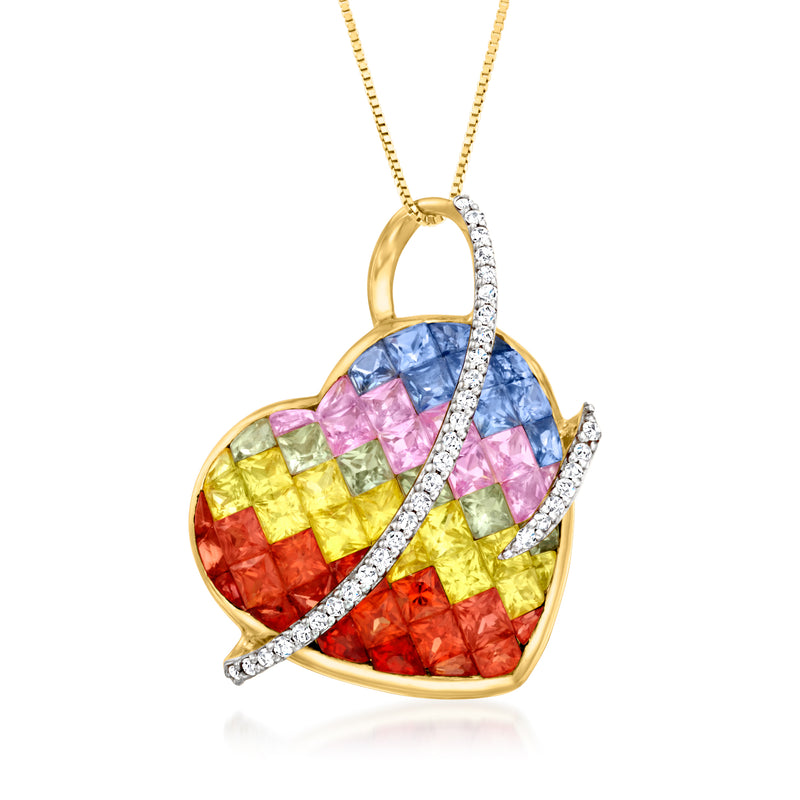 Multicolored sapphire heart pendant in 14k yellow gold with diamond wrap