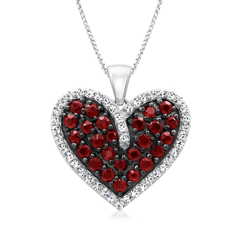 Sterling silver heart pendant necklace with red garnet stones and white topaz halo