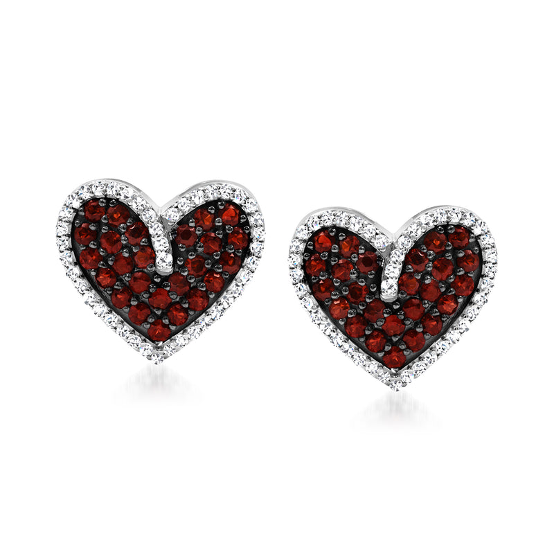 Sterling silver heart stud earrings with garnet and white topaz