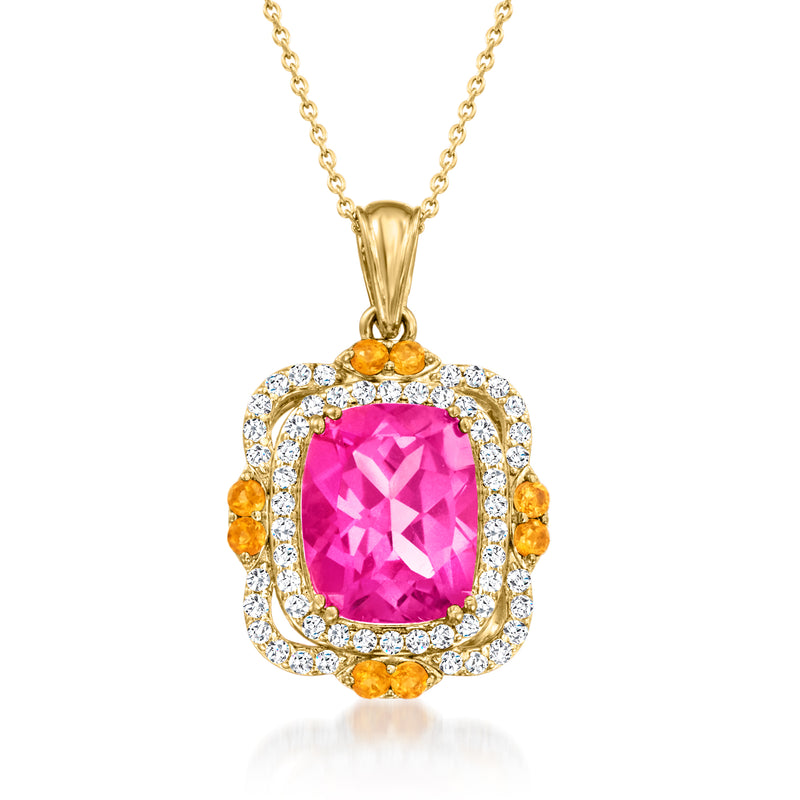 18kt gold pendant necklace with pink topaz center, white zircon halo, citrine accents