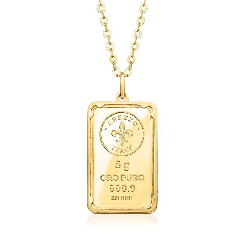 Gold ingot pendant necklace with 14kt gold frame, fleur-de-lis hallmark
