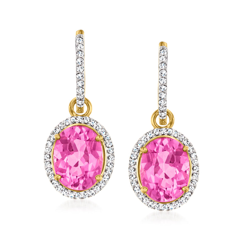 Pink topaz and diamond drop earrings with oval pink stone and diamond halo, gold over sterling