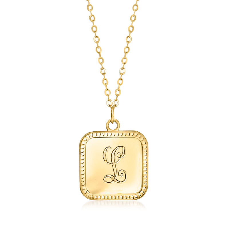 Yellow gold monogram square tag necklace on a chain with round jump links
