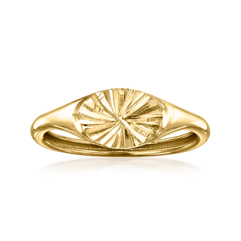 14kt yellow gold faceted signet ring with sunburst engraved centerpiece