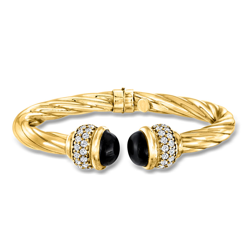 Twisted gold cuff bracelet with black onyx-style beads and CZ pave accents