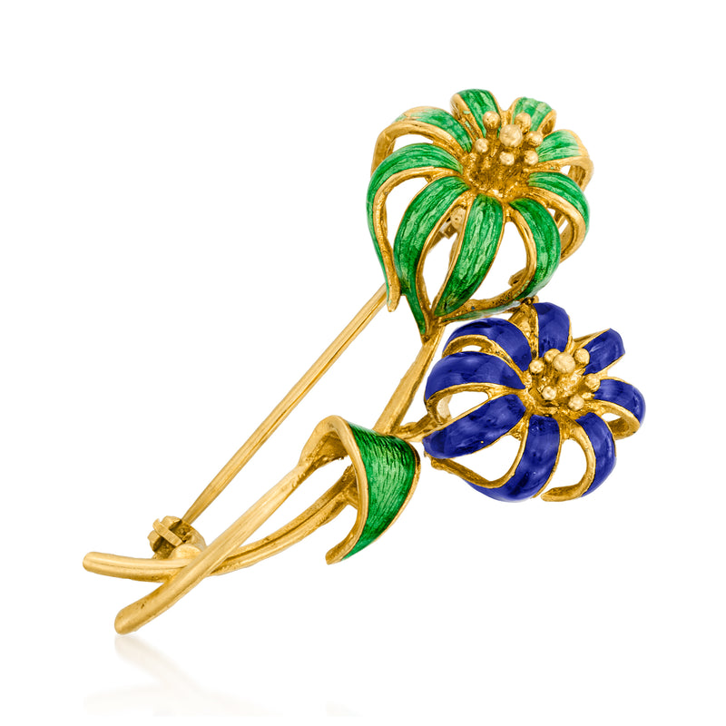 Vintage enamel flower pin in 18kt yellow gold, blue and green enamel flowers