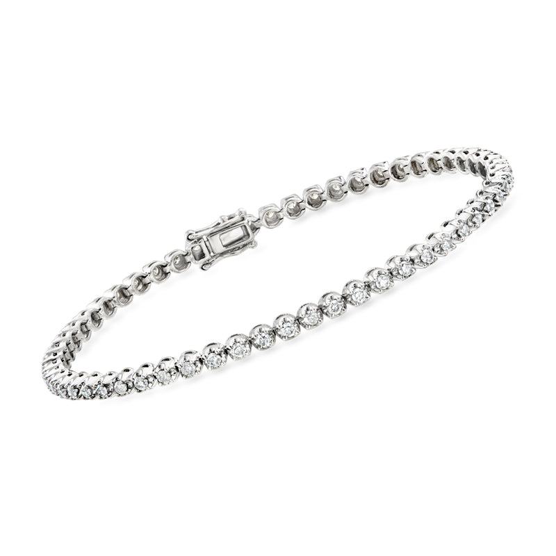 Sterling silver diamond tennis bracelet with round stones and box clasp
