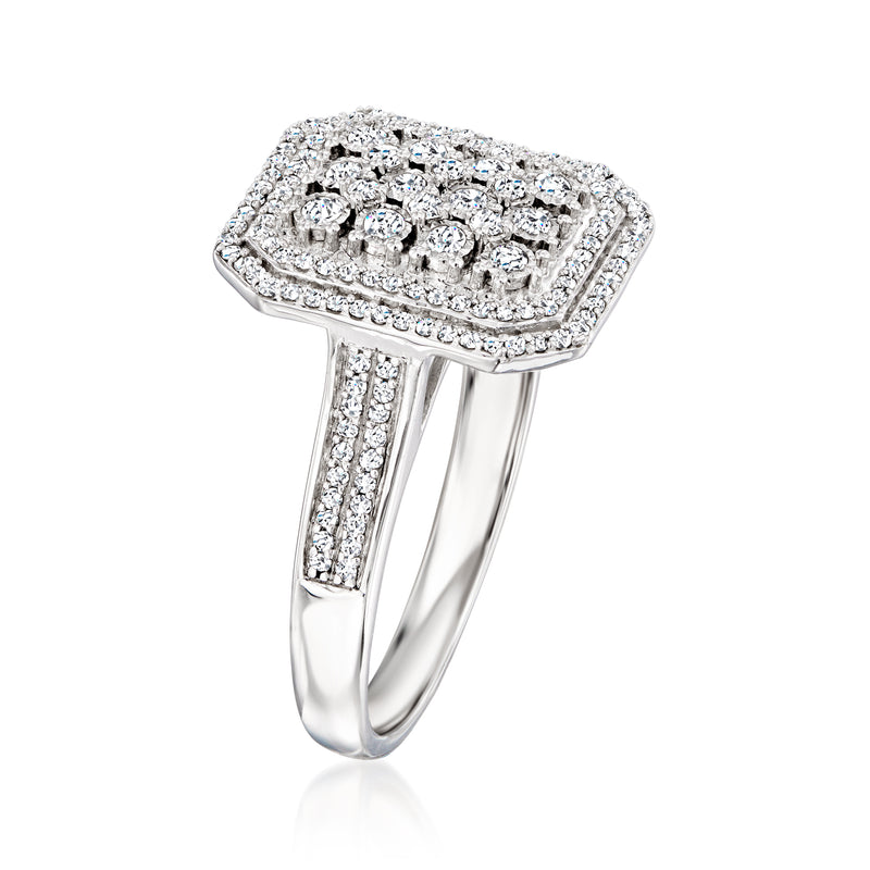 Sterling silver diamond rectangular cluster ring with pavé band