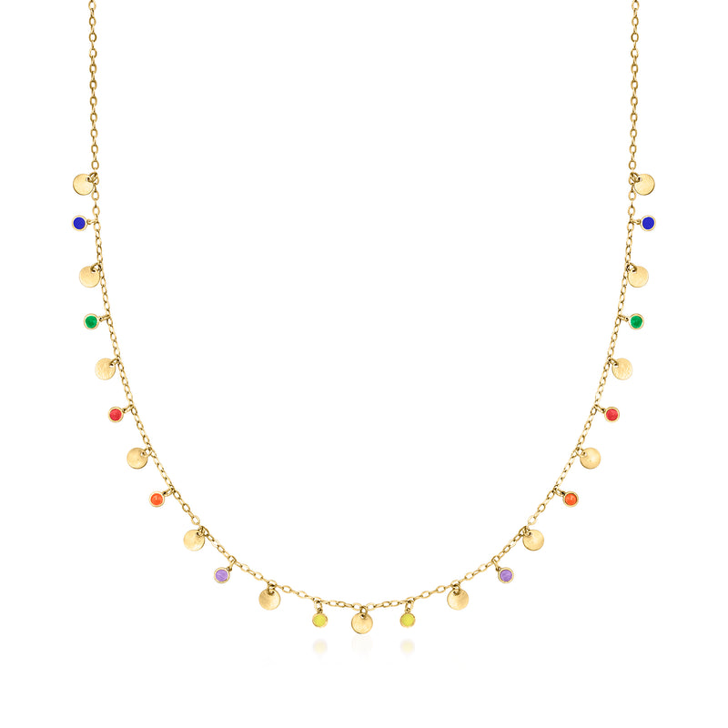14kt yellow gold necklace with rainbow enamel disc charms