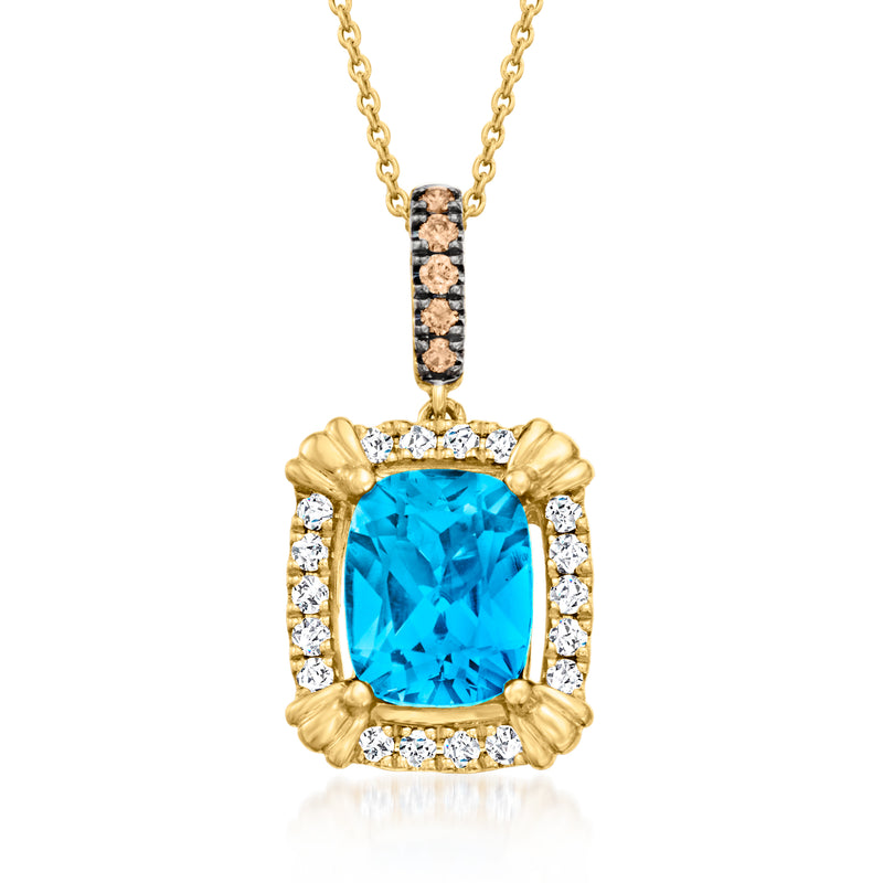 Le Vian 14kt honey gold topaz pendant necklace with diamond halo, blue center stone