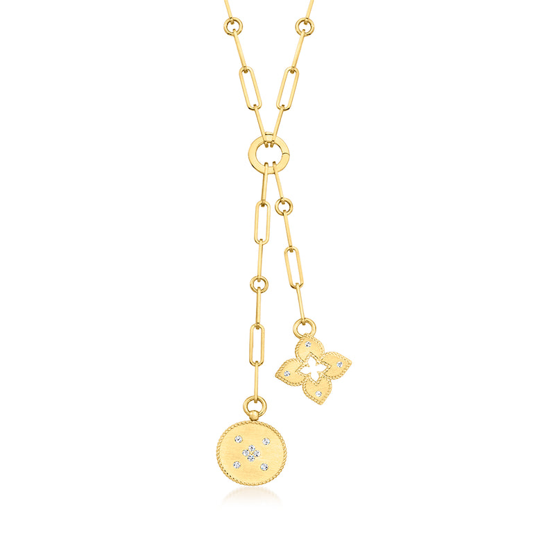 Roberto Coin yellow gold lariat necklace with round charm tassels and dangling tags
