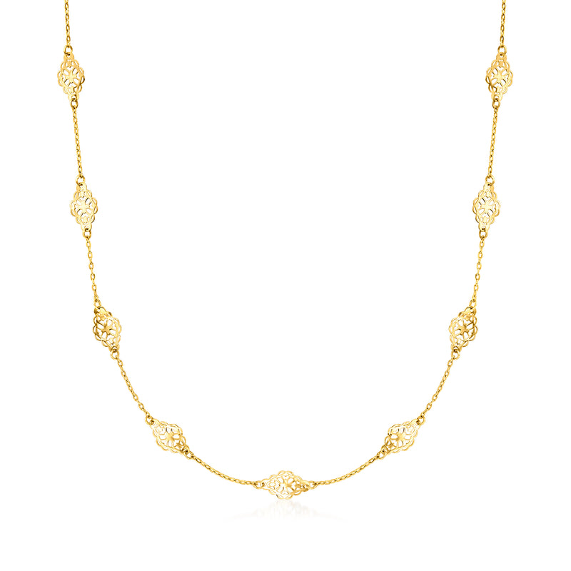14kt yellow gold navette station necklace with linked oval gemstone settings