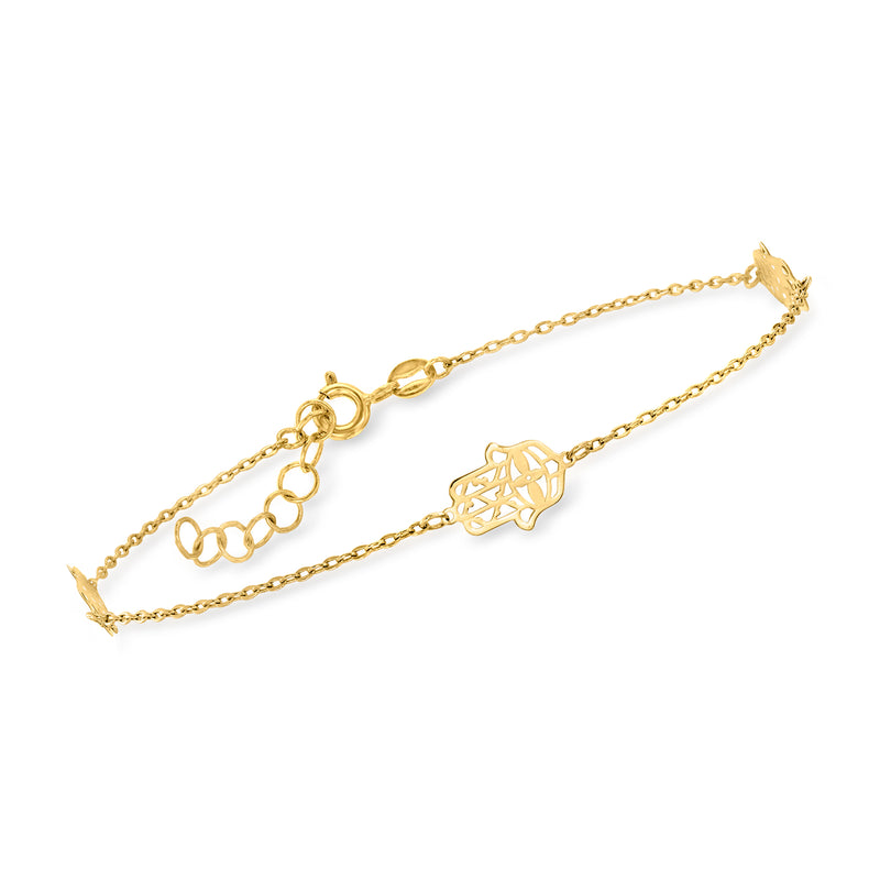 14kt yellow gold hamsa station bracelet with linked chain and engraved hamsa charm