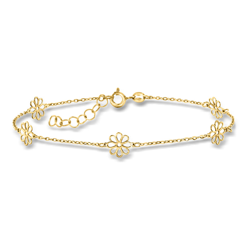 14kt yellow gold flower station bracelet with five-petal charm links and clasp