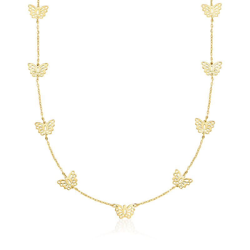 14kt yellow gold butterfly station necklace with dangling butterfly charms